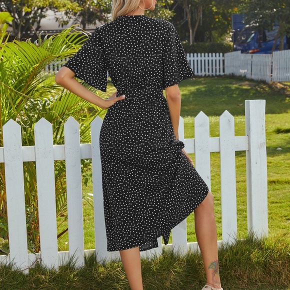 Boho Polka Dot Button Front Tie Midi Dress Pink - Picture 14 of 14